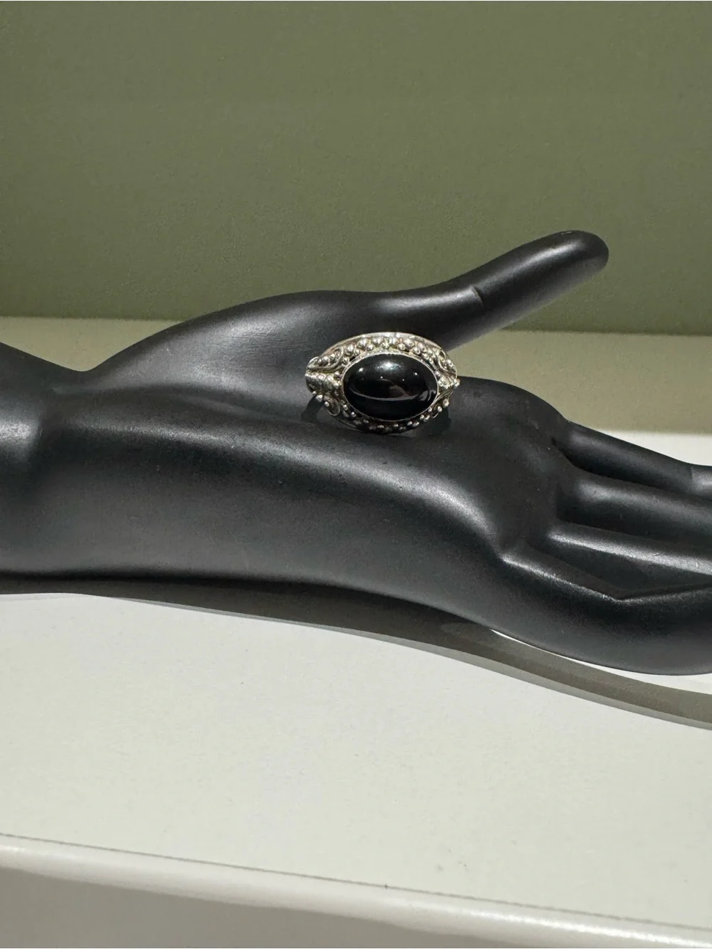 Vintage Balinese Black Onyx Cabochon Sterling Silver Ring